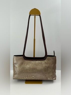 Vintage Feraud - Metallic Gold Croc-Embossed & Smooth Brown Leather Shoulder Bag